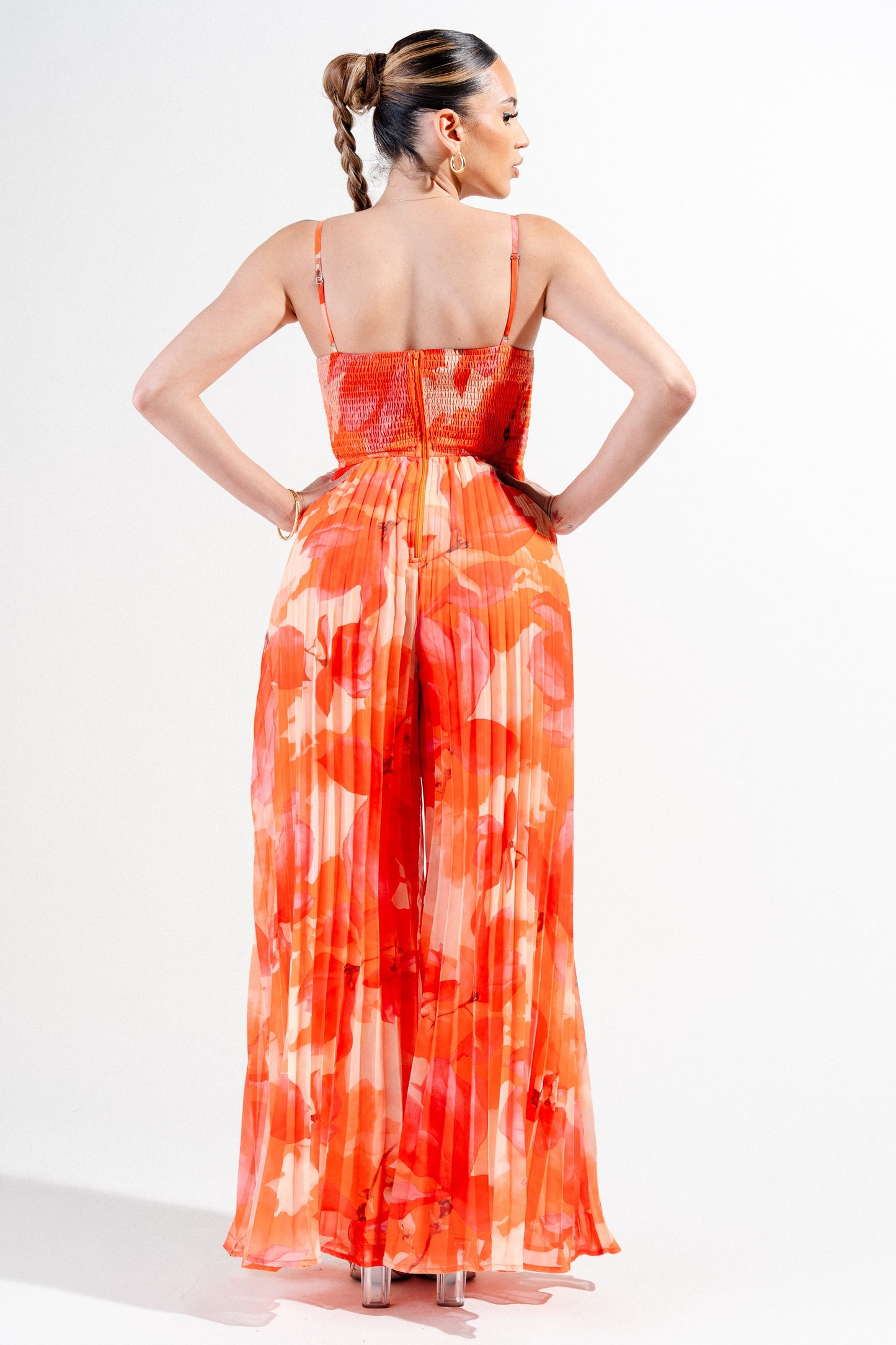 Abstract Pleated Chiffon Print Wide Legs Jumpsuit