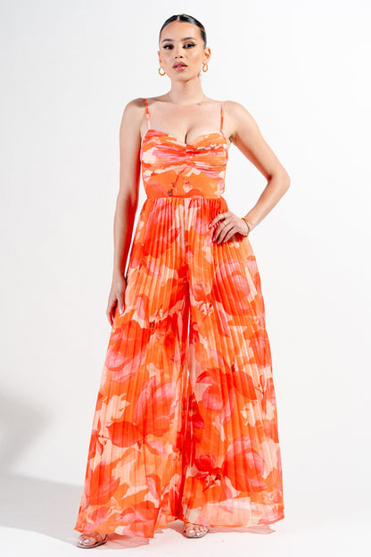 Abstract Pleated Chiffon Print Wide Legs Jumpsuit