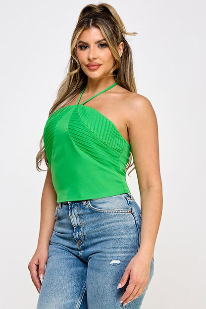 HALTER NECK LEAF DETAIL CROP TOP