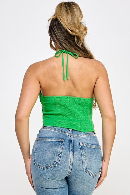 HALTER NECK LEAF DETAIL CROP TOP