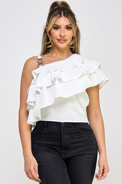 OFF SHOULDER STRAP TRIM ASSYMETRICAL NECK RUFFLE TOP