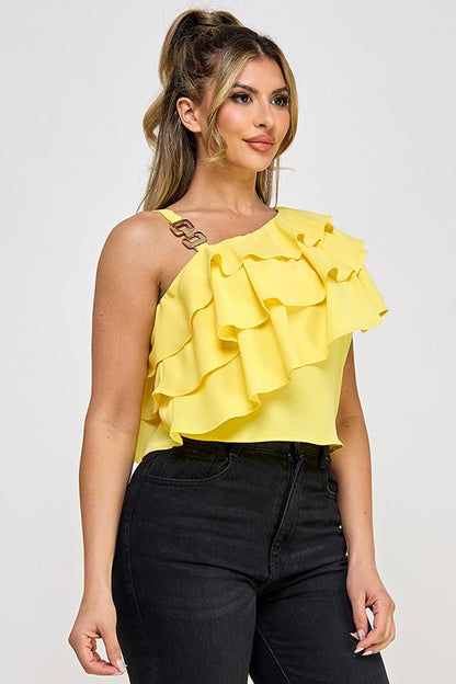 OFF SHOULDER STRAP TRIM ASSYMETRICAL NECK RUFFLE TOP