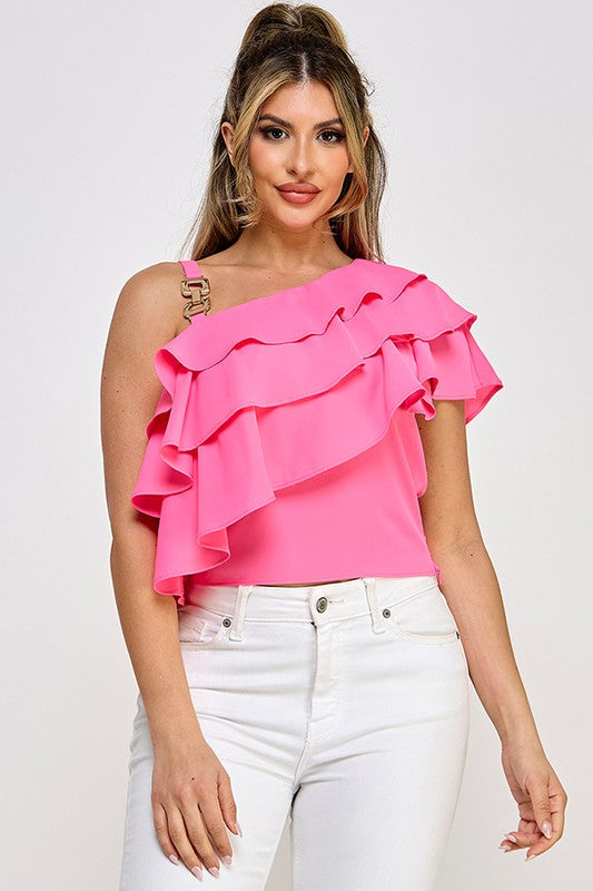 OFF SHOULDER STRAP TRIM ASSYMETRICAL NECK RUFFLE TOP