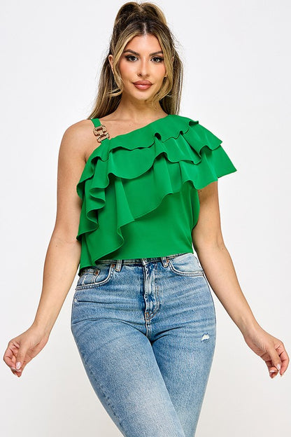 OFF SHOULDER STRAP TRIM ASSYMETRICAL NECK RUFFLE TOP