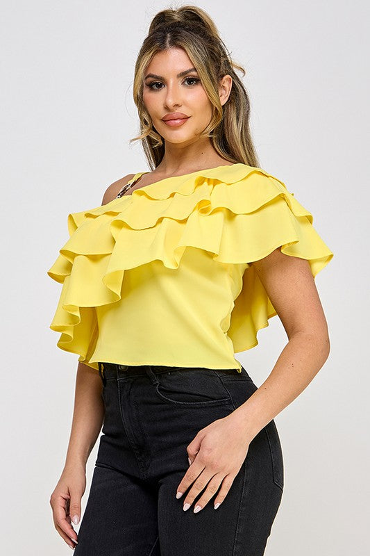 OFF SHOULDER STRAP TRIM ASSYMETRICAL NECK RUFFLE TOP