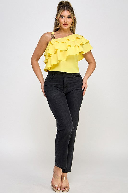 OFF SHOULDER STRAP TRIM ASSYMETRICAL NECK RUFFLE TOP