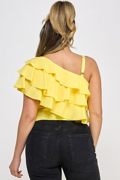 OFF SHOULDER STRAP TRIM ASSYMETRICAL NECK RUFFLE TOP