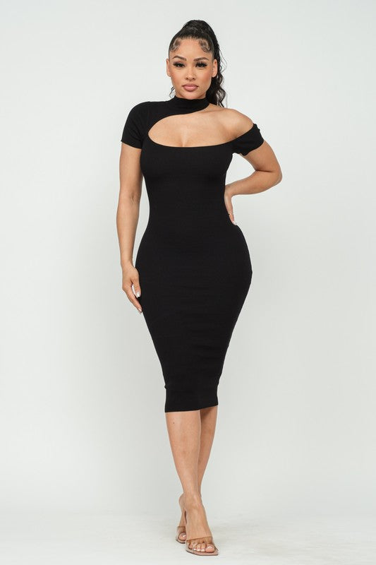 TURTLE NECK ONE SHOULDER SHORT SLEEVE MIDI DRESS