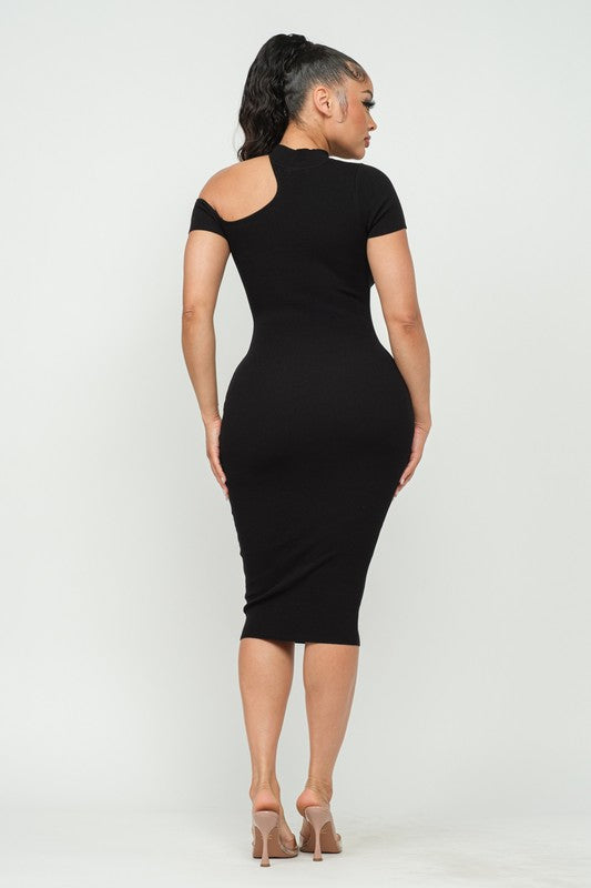 TURTLE NECK ONE SHOULDER SHORT SLEEVE MIDI DRESS