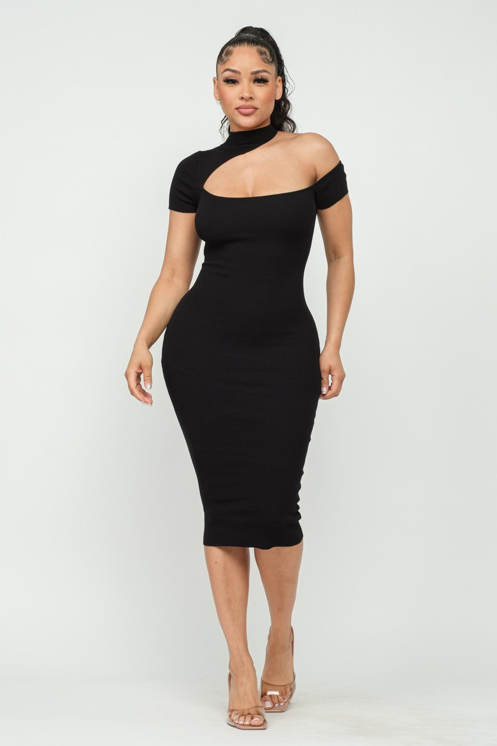 TURTLE NECK ONE SHOULDER SHORT SLEEVE MIDI DRESS