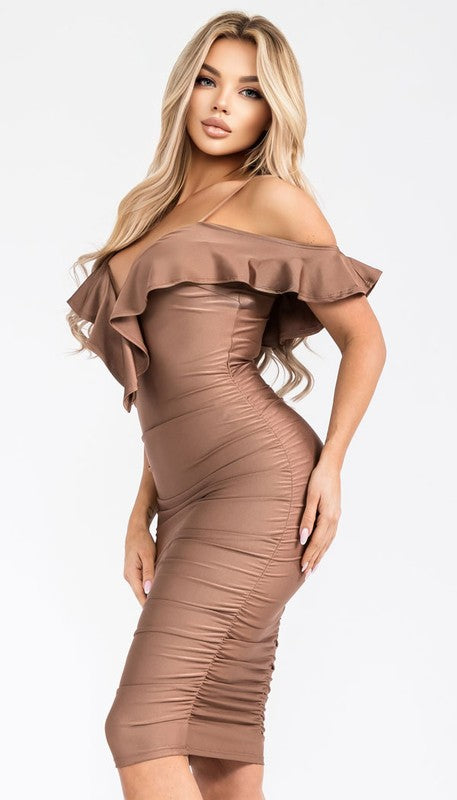 SLEEVELESS SATIN RUFFLE SHOULDER MIDI DRESS