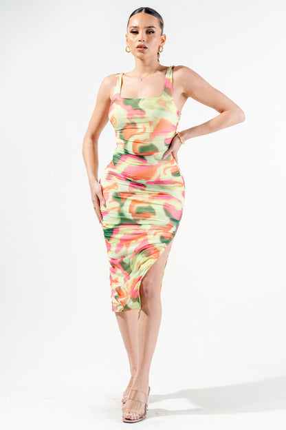 Multi Colors Marbles Print Mesh Midi Dress