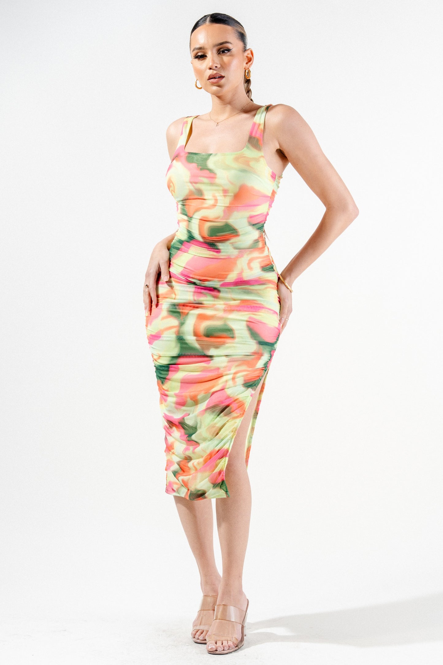 Multi Colors Marbles Print Mesh Midi Dress