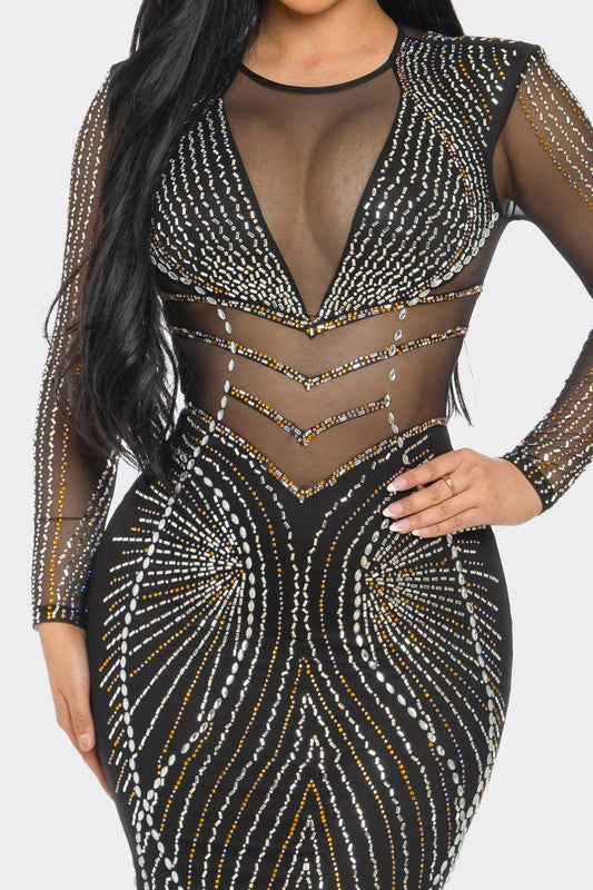 RHINESTONE EMBELLISHED SHEER MESH MAXI DRESS