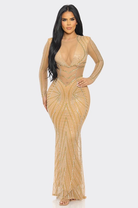 RHINESTONE EMBELLISHED SHEER MESH MAXI DRESS