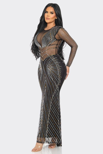 RHINESTONE EMBELLISHED SHEER MESH MAXI DRESS