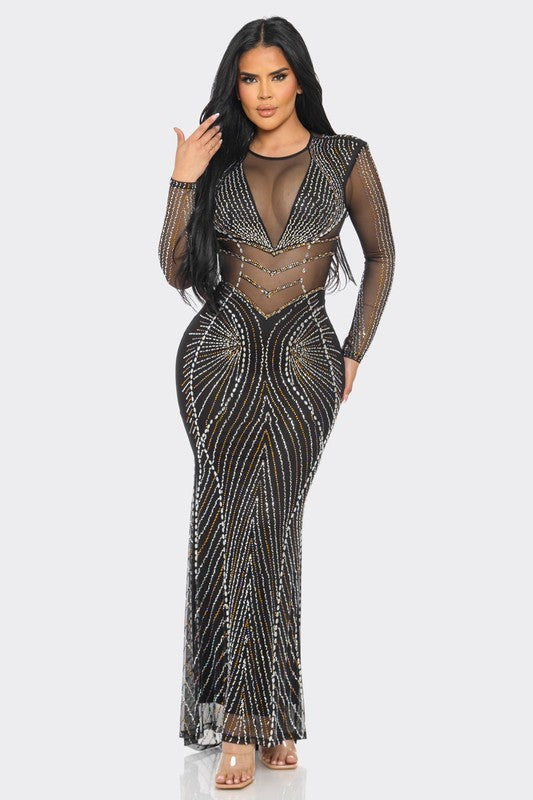 RHINESTONE EMBELLISHED SHEER MESH MAXI DRESS