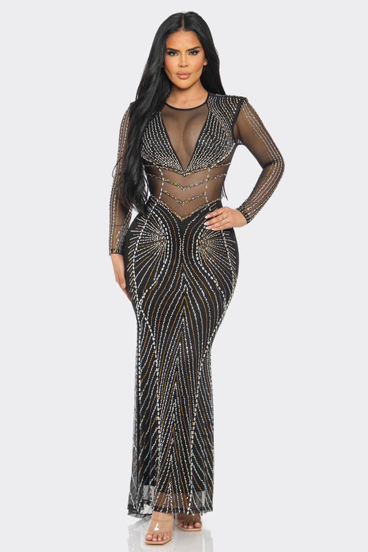 RHINESTONE EMBELLISHED SHEER MESH MAXI DRESS