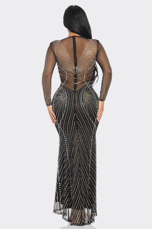 RHINESTONE EMBELLISHED SHEER MESH MAXI DRESS