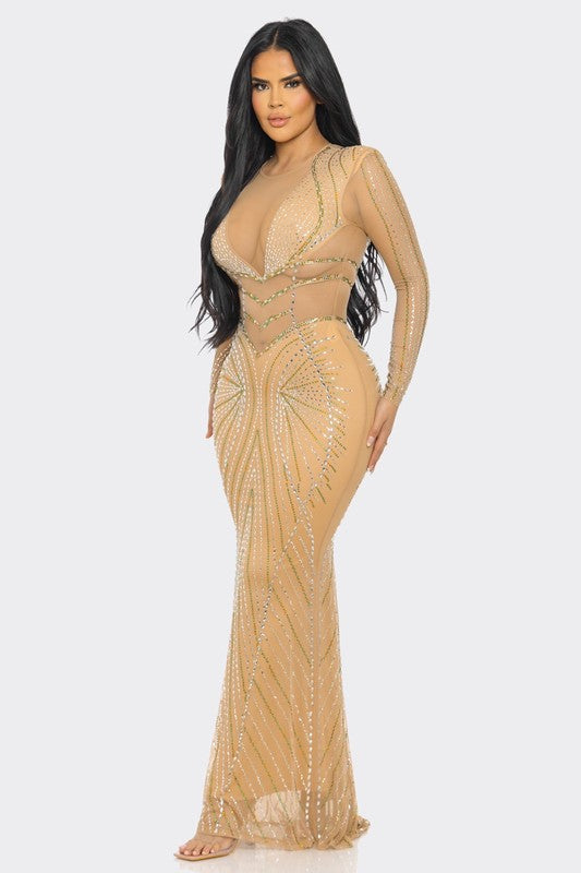 RHINESTONE EMBELLISHED SHEER MESH MAXI DRESS