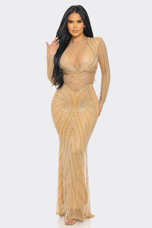 RHINESTONE EMBELLISHED SHEER MESH MAXI DRESS