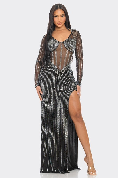 RHINESTONE BUSTIER PRINT LONG SLEEVE MAXI DRESS