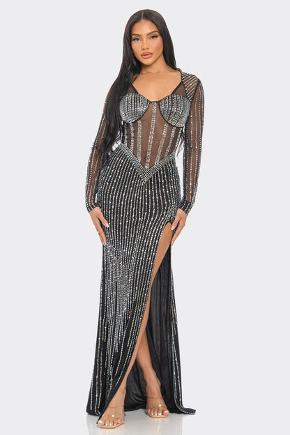 RHINESTONE BUSTIER PRINT LONG SLEEVE MAXI DRESS