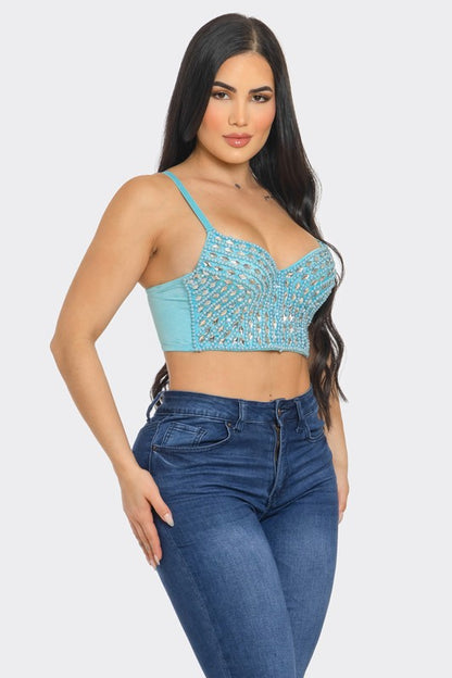 FRONT PEARL JEWELS EMBELLISHED BUSTIER SEXY TOP