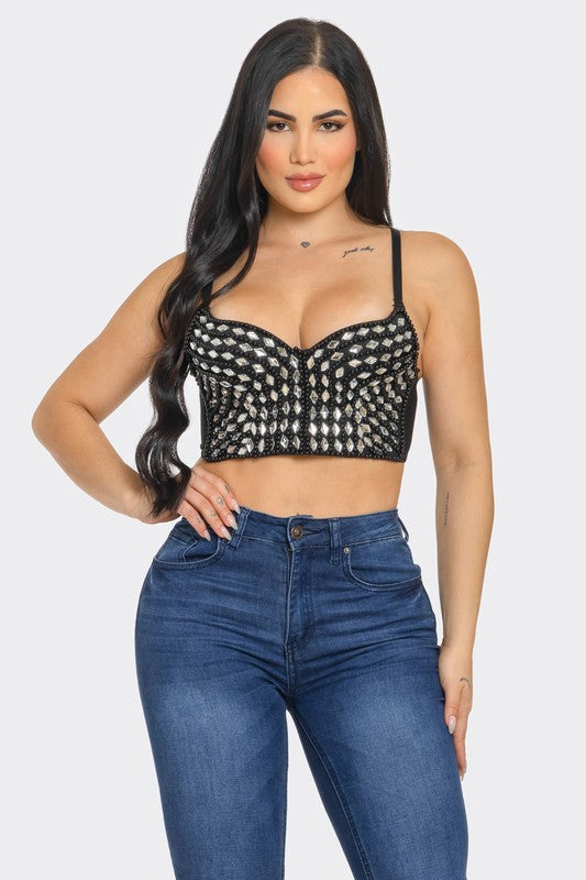 FRONT PEARL JEWELS EMBELLISHED BUSTIER SEXY TOP