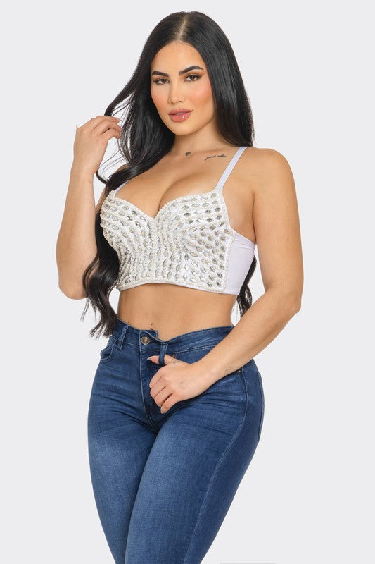 FRONT PEARL JEWELS EMBELLISHED BUSTIER SEXY TOP