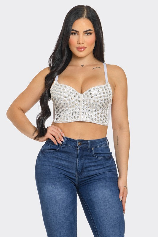 FRONT PEARL JEWELS EMBELLISHED BUSTIER SEXY TOP