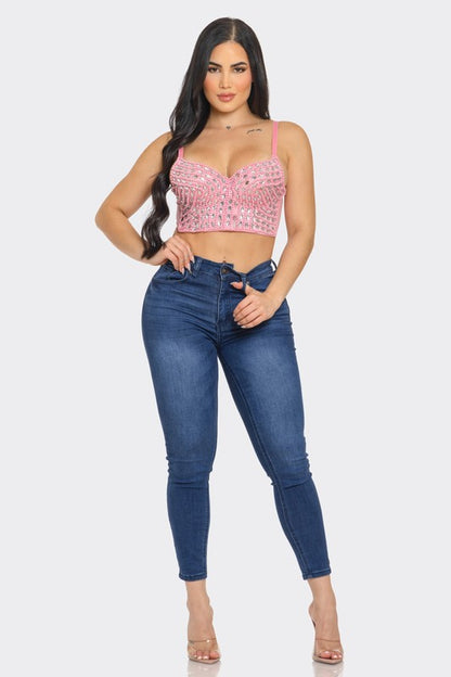 FRONT PEARL JEWELS EMBELLISHED BUSTIER SEXY TOP