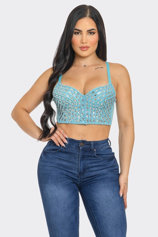 FRONT PEARL JEWELS EMBELLISHED BUSTIER SEXY TOP