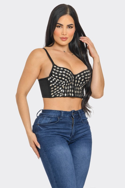 FRONT PEARL JEWELS EMBELLISHED BUSTIER SEXY TOP