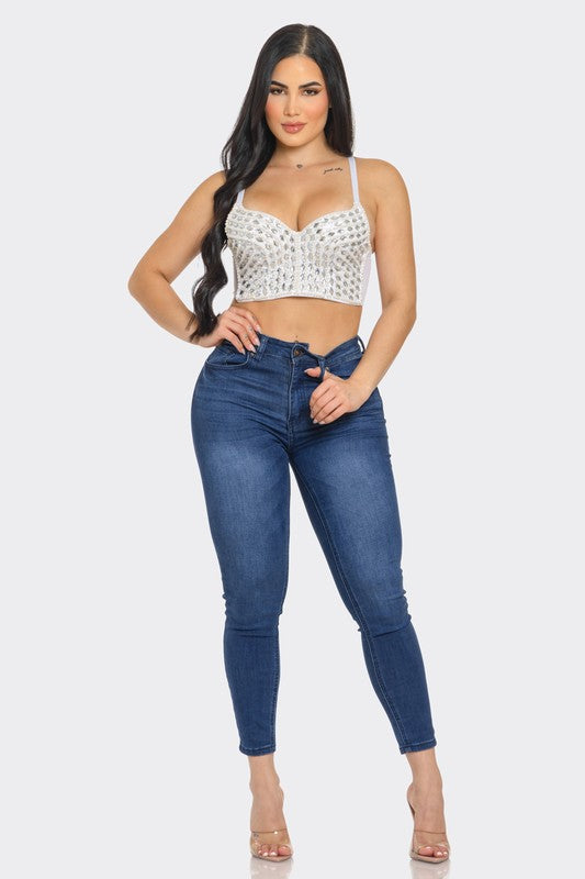 FRONT PEARL JEWELS EMBELLISHED BUSTIER SEXY TOP