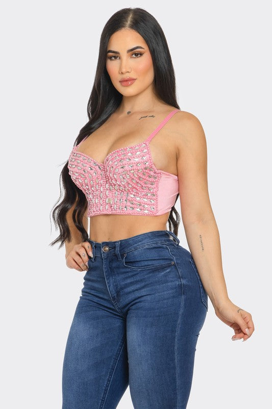 FRONT PEARL JEWELS EMBELLISHED BUSTIER SEXY TOP