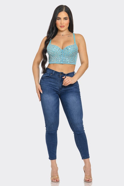 FRONT PEARL JEWELS EMBELLISHED BUSTIER SEXY TOP