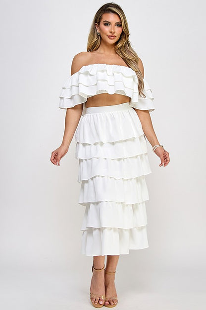 OFF SHOULDER RUFFLE TOP WITH RUFFLED MIDI SKIRT