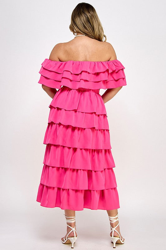 OFF SHOULDER RUFFLE TOP WITH RUFFLED MIDI SKIRT