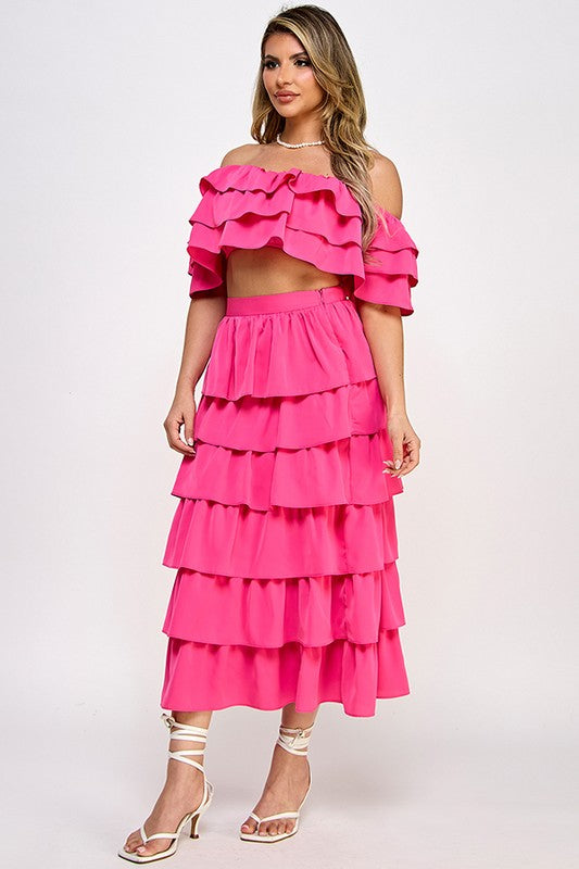 OFF SHOULDER RUFFLE TOP WITH RUFFLED MIDI SKIRT