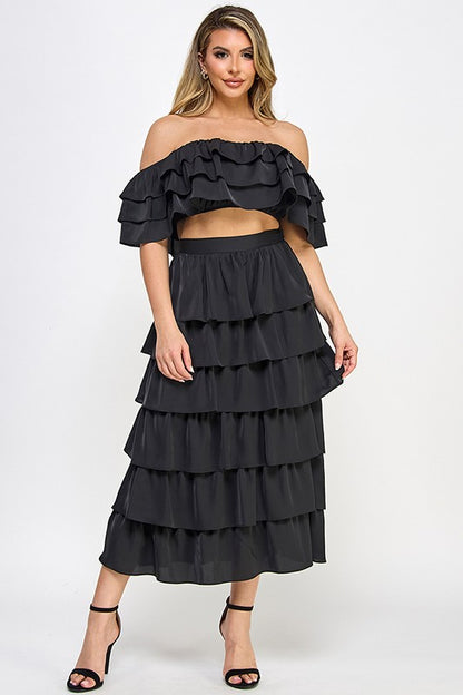 OFF SHOULDER RUFFLE TOP WITH RUFFLED MIDI SKIRT