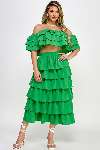 OFF SHOULDER RUFFLE TOP WITH RUFFLED MIDI SKIRT