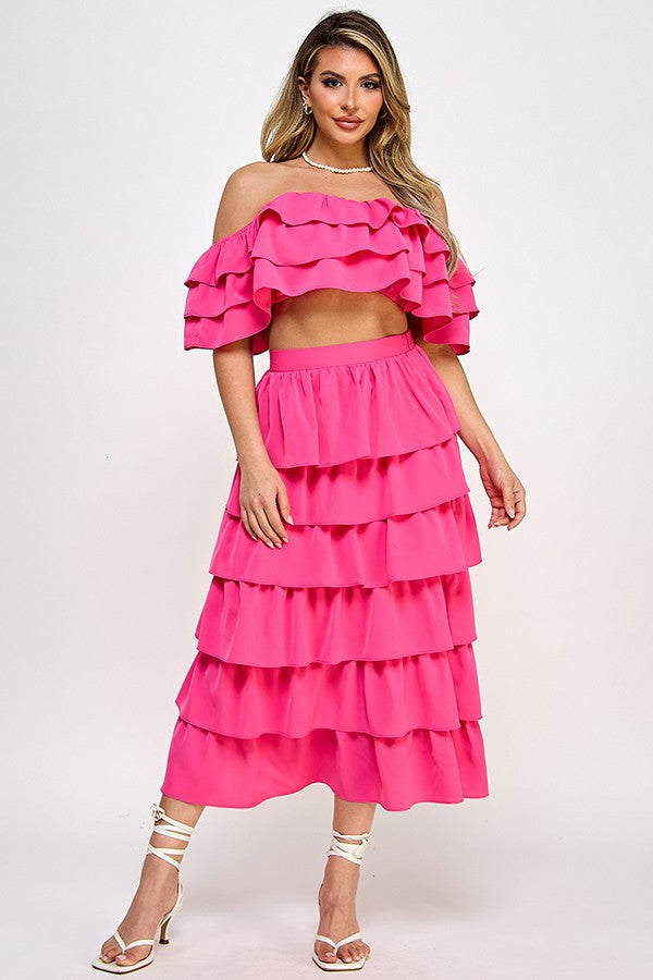 OFF SHOULDER RUFFLE TOP WITH RUFFLED MIDI SKIRT