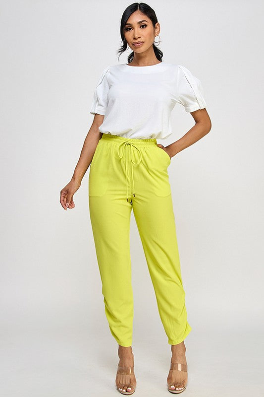 PULL ON ELASTIC RUCHED HEM PANTS