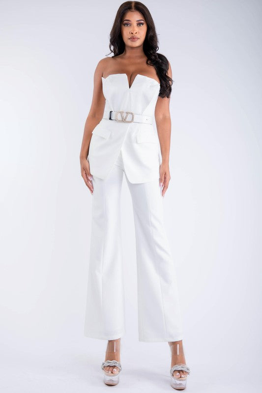 WOMEN STRAPLESS TUXEDO SUIT WITH BELT