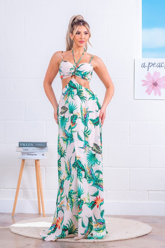 CUT-OUT PRINTED MAXI DRESS