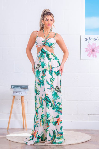 CUT-OUT PRINTED MAXI DRESS