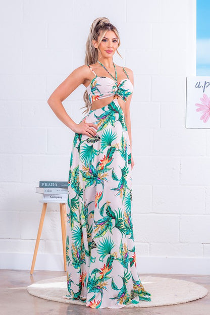 CUT-OUT PRINTED MAXI DRESS