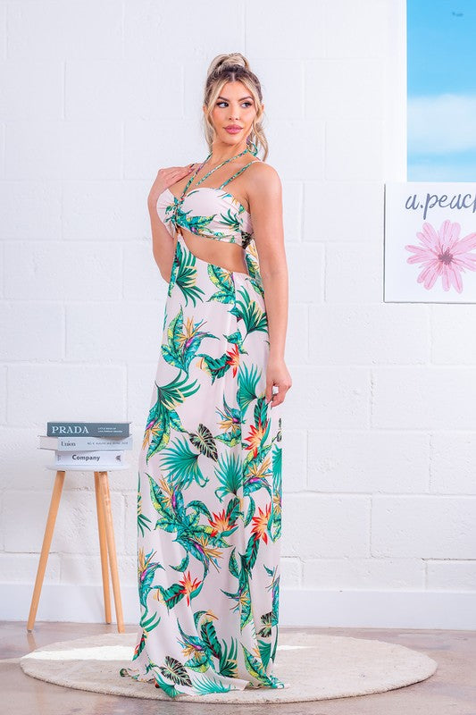 CUT-OUT PRINTED MAXI DRESS