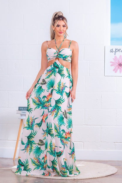 CUT-OUT PRINTED MAXI DRESS